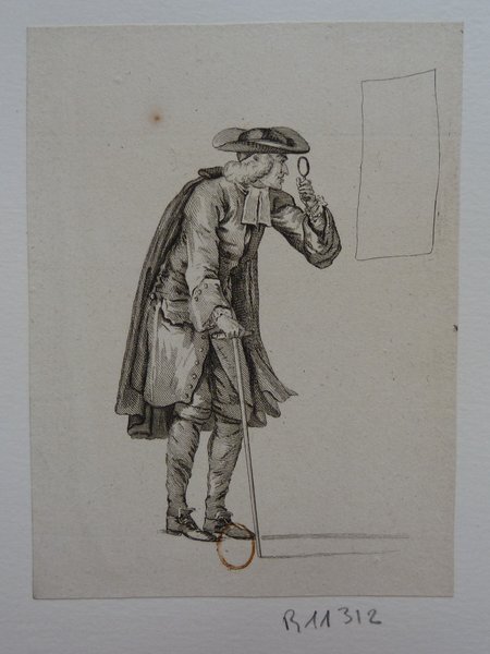 Etching of a man from the Ancien Régime era dressed in a habit à la Française. He is examining something with a loupe while leaning on a cane. His outfit includes a wide-brimmed hat and heeled shoes.