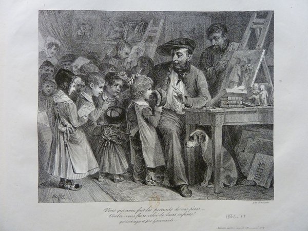 Black and white engraving showing a painter in a studio, surrounded by children, a dog, and various art-related items including paintings, an easel, books, and sculpture figures. Another man is also visible in the background, possibly engaged in restoration work.