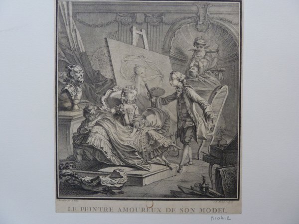 An engraving depicting a scene inside an artist's studio during the Ancien Régime. It features a male artist with a palette and brush, standing beside an easel directed towards a female model dressed in an elaborate outfit and wig. The setting includes artistic tools such as artists' brushes and other equipment typical of an art studio. The backdrop includes various elements like paintings, a statue, and draped fabrics.