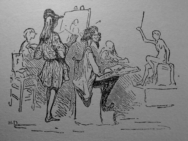 An illustration depicting a studio scene during the July Monarchy era. Multiple figures are present, including a male model with long hair wearing smocks and pince-nez. Artists' models are positioned around easels while painters work intently. The environment includes details typical of a drawing studio, like paintings and drawing tools.