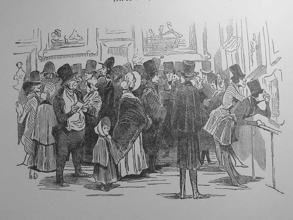 Black and white illustration of an audience at a Salon during the July Monarchy, featuring people in bourgeois outfits including top hats and bicorne hats, viewing paintings. Children are also present among the crowd.