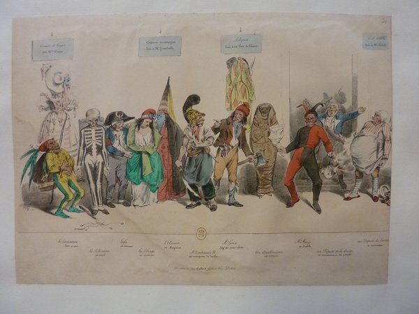 Historical allegorical artwork featuring a procession of diverse characters including fools, jesters, and women, representative of the July Monarchy era. The illustration includes figures in costumes and masks, some playing roles that appear comedic or satirical.