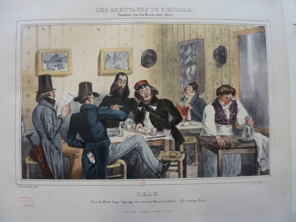 Colored illustration depicting a lively scene inside a restaurant during the July Monarchy. Several men, some with hats, facial hair, and long hair, are shown in various activities: reading newspapers, drinking, and engaging in conversation. One man wears pince-nez glasses. Umbrellas and hats are visible.