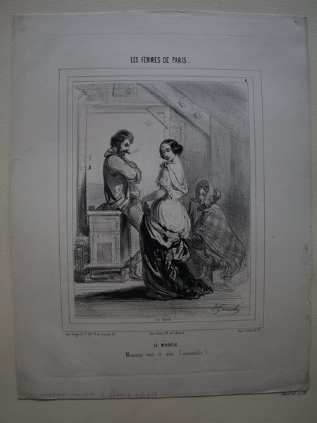 A black and white illustration depicting a scene in an artist's studio during the July Monarchy. It shows a female model posing amid studio elements like a furnace, with two painters observing her, one holding a pipe. The male painter has facial hair. The setting includes artistic equipment and furniture typical of a studio environment.