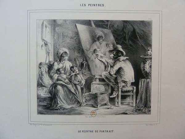 A black and white illustration of an anthropomorphized monkey as painter in a bohemian outfit, using a palette and mahlstick, painting a portrait of a monkey, dressed as a woman, wearing a hat, who sits with a child. The scene includes artists' brushes, easels, and paintings in a studio setting during the July Monarchy era.