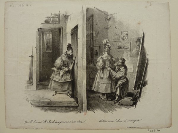 A black and white illustration of an artist's studio during the July Monarchy. The image features a  women peering through a door while an artist in a smock is working with a mannequin that looks like a woman. Easels, paintings, and artists' brushes are visible, emphasizing the artistic environment.