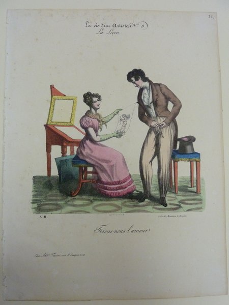 An illustration depicting a scene in an artist's studio showing two persons involved in a pedagogical activity. A woman wears a bourgeois outfit with a pink dress and sits at a red desk, holding an artwork, while a man, dressed in formal attire stands observing the artwork. They are surrounded by art studio paraphernalia.