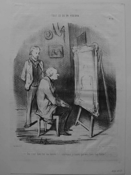 Black and white image depicting two male figures in a studio, one standing and one seated, observing a portrait on an easel. The room contains additional paintings and artistic paraphernalia. Text in French is present at the top and bottom. The style suggests the July Monarchy era.
