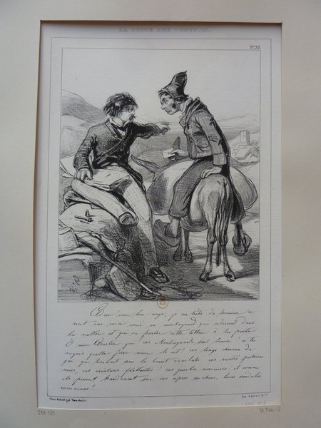 Two men in early 19th-century attire engage in a conversation in a rural setting; one seated on a rock with pince-nez and cane, another on a donkey, holding a piece of paper. A landscape and some rural buildings form the background. Elements of the July Monarchy era are depicted.