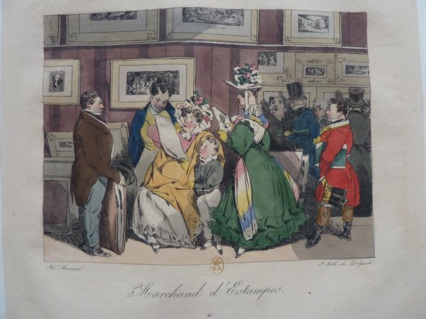 A colorful print depicting a scene indoors with multiple people, some in bourgeois outfits and military uniforms. Individuals are examining folios and prints in a boutique-like setting, and a few are wearing top hats. The room is detailed with framed artworks on the walls.
