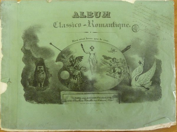 Vintage illustration featuring allegorical elements such as a central woman figure surrounded by a devil, putti, birds, and attributes associated with artists like palettes, brushes, and mahlsticks. The image presents various symbolic and artistic motifs on a worn green album cover titled "ALBUM Classique-Romantique."