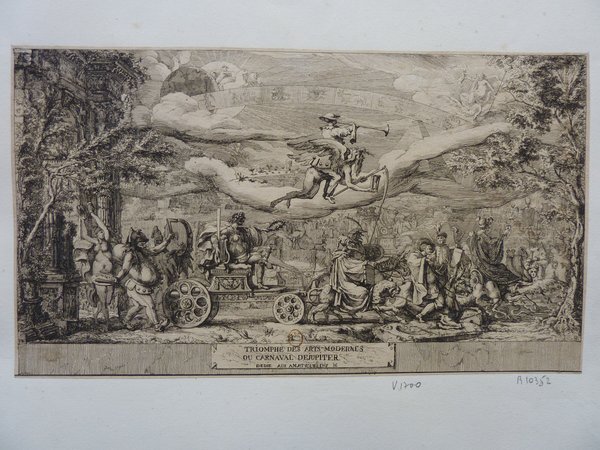 This is an intricate black and white engraving featuring a procession scene with various mythical and allegorical figures including Apollo, Mercury, and Jupiter. The setting appears outdoors with prominent elements like chimera, laurels, trumpets, and artists' brushes. A donkey figures in the scene, and several characters including fools & jesters are depicted.