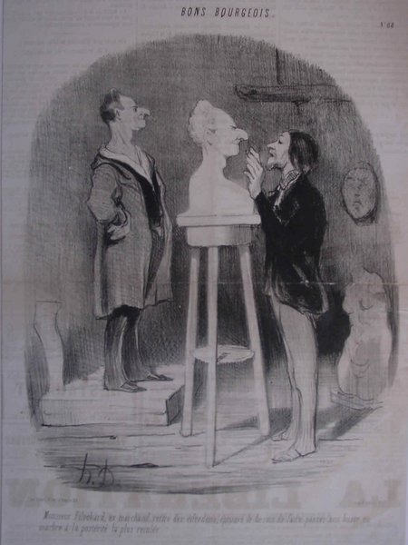 Black and white sketch depicting two men and a statue in a studio setting. One man with long hair and facial hair is sculpting a bust while the other, also with long hair, observes. The scene includes elements relevant to artists' models, sculptors, and sculpting, capturing an artistic environment during the July Monarchy era.