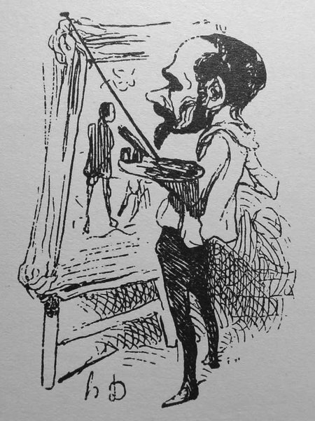 The image is a black and white drawing of an artist at work on a painting at an easel. The artist, depicted with an exaggerated facial profile and a prominent beard and bald head, is intently focused on his work, with a brush in hand. The subject he is painting appears to be a miniature figure of a person. The setting seems to be a studio, as indicated by the draped background and other artistic materials. 
