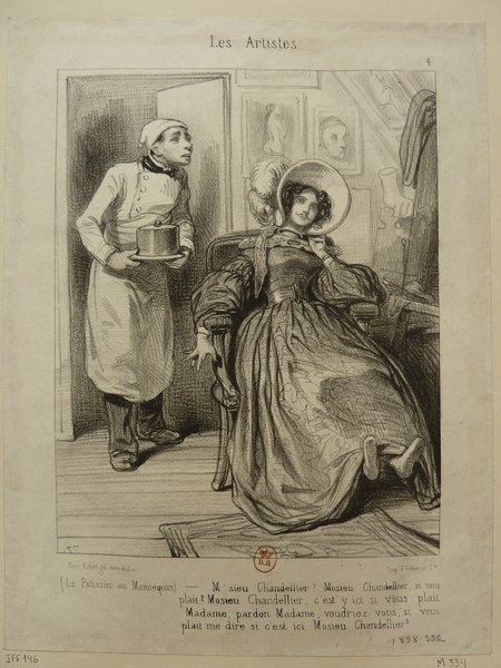 Alt text: A detailed engraved illustration depicting a scene inside an artist's studio during the July Monarchy era. The image features a mannequin dressed as a figure from that period, and paintings are visible in the background. The scene portrays a man appearing surprised as he enters the room, looking at the mannequin.