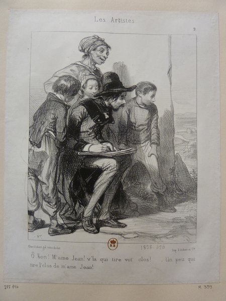 An illustration depicting a group of people, including women and children, gathered around a landscape painter during the July Monarchy period. The figures, dressed in bohemian outfits and engaged in a rural setting, show interest in the artist's work, who utilizes various tools.