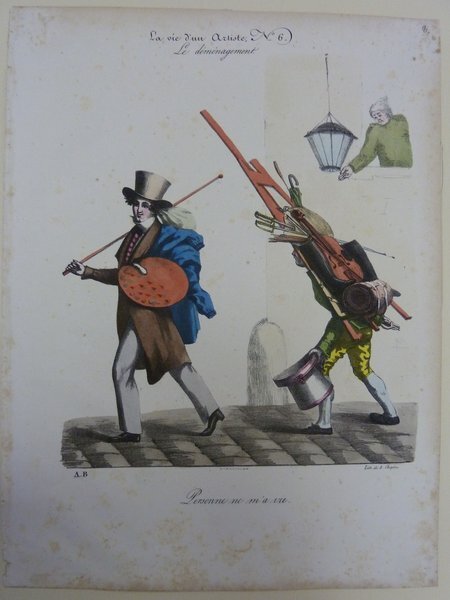 A vintage print depicting two painters in bourgeois outfits walking on a street; the first wears a top hat and carries a palette, while the second, wearing a smock, carries multiple easels, a mahlstick, and a sword. A lamp and person in a window appear faintly in the background.