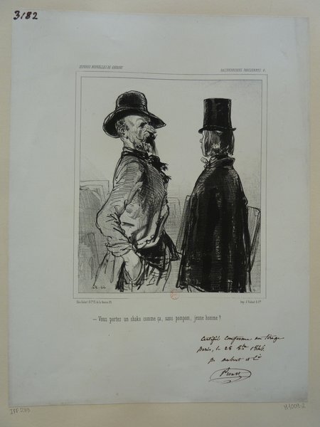 Black and white illustration showing two men from the July Monarchy period facing each other wearing top hats. One man has long hair and a notably Bohemian outfit while the other, more formally dressed, is observed in profile. The piece is part of a folio and includes handwritten text at the bottom.