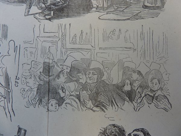 Black and white illustration showing a crowded audience at a salon exhibition during the July Monarchy period. Several figures are depicted wearing hats, including top hats. Women and men are visible, some facing towards artworks on the walls. The setting suggests an art viewing context with paintings displayed as part of the exhibit.