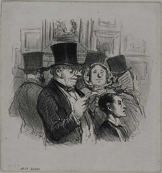 Sketch depicting several people at an exhibition, prominently featuring individuals wearing top hats. Women and men are visible, suggesting a scene from a salon during the July Monarchy period. In the background, paintings mounted on a wall are partially visible, indicating the setting is likely a Salon exhibition.