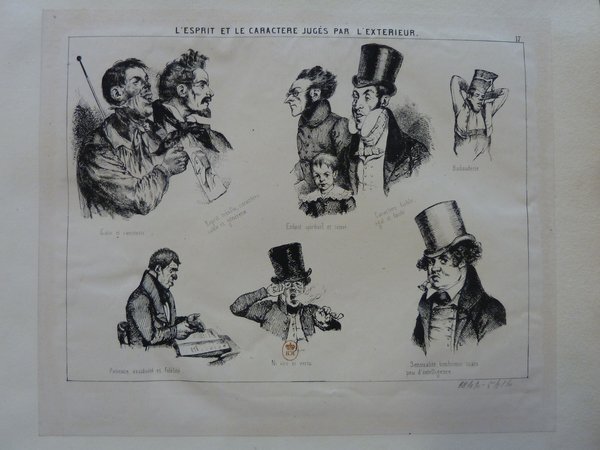 Black and white print containing several caricatures of men with varied facial expressions and attire, indicative of the July Monarchy era. Some figures are depicted with facial hair, wearing smocks, and one holding a mahlstick. Each caricature is labeled with a brief caption in French.
