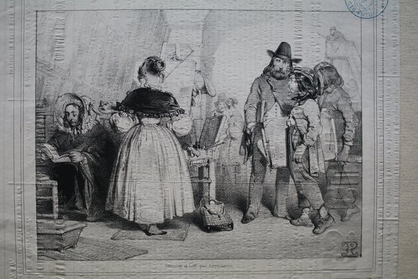 A detailed black and white etching depicting a group in a museum during the July Monarchy period. Featured are two Bohemian painters with long hair and facial hair using mahlsticks, conversing with women in Bohemian outfits. Paintings and historical museum architecture add context to the scene. Also shown, students observing artwork, enhancing a lively artistic atmosphere.