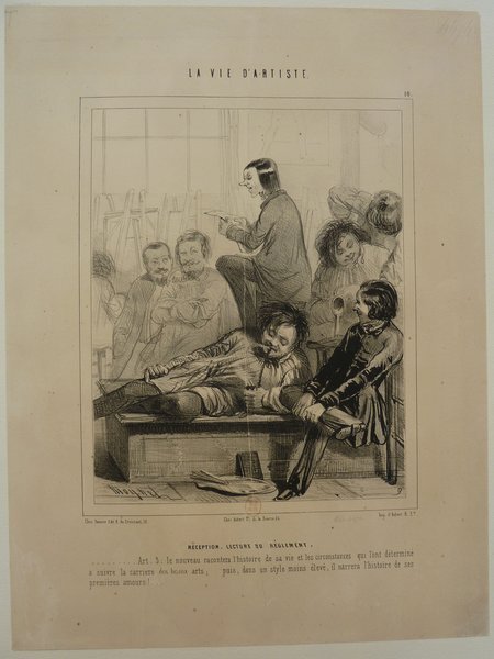 A vintage illustration from "La Vie d'Artiste," showing a group of male students in a studio. Some students have long hair and facial hair, and one is wearing a smock. They are surrounded by artist equipment like easels, brushes, and palettes. They appear engaged in a discussion or learning session.