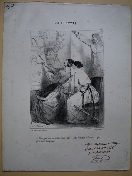 Alt text: Black and white illustration depicting a studio setting with a man with facial hair interacting with two women in smocks, possibly students, who are holding palettes. A painting of a woman with long hair is visible in the scene. This image includes elements from the July Monarchy period.