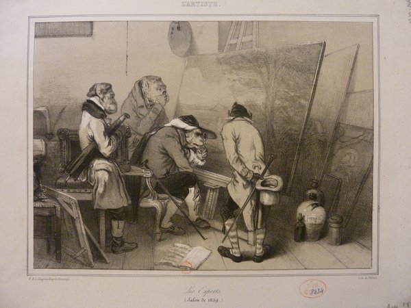 An etching showing three elderly men in an art studio during the July Monarchy, observing and judging paintings. Three men discuss a seated piece while a fourth examines another artwork. The room has easels, unfinished paintings, and art supplies, reflecting a typical studio environment.