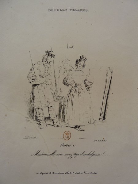 A detailed etching depicting a scene with artists in a studio during the July Monarchy. It includes a man and a woman, possibly painters, dressed in smocks. The man holds a mahlstick and they stand near easels. The image suggests a studio setting and possibly touches on themes of romance.
