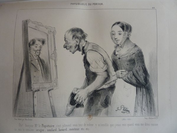 A black and white illustration depicting a scene in an artist's studio during the July Monarchy era. One man is shown observing another man's reflection in a painting on an easel, while a woman stands beside them. The setting includes items typical for an art studio, and the individuals are dressed in period attire reflecting their occupations within the scene.