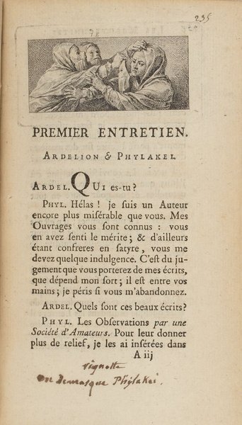 Page from a historical document associated with Ancien Régime featuring an illustration of a group of art critics intensely discussing or analyzing a subject. The page includes French text with dialogue, emphasizing a theatrical or literary theme.
