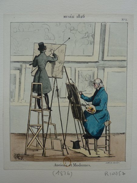 Two painters at easels in a museum, one standing on a ladder wearing a top hat and using a mahlstick, the other sitting and holding a palette. Both are focused on their paintings, and the image is titled "MUSÉE 1826".