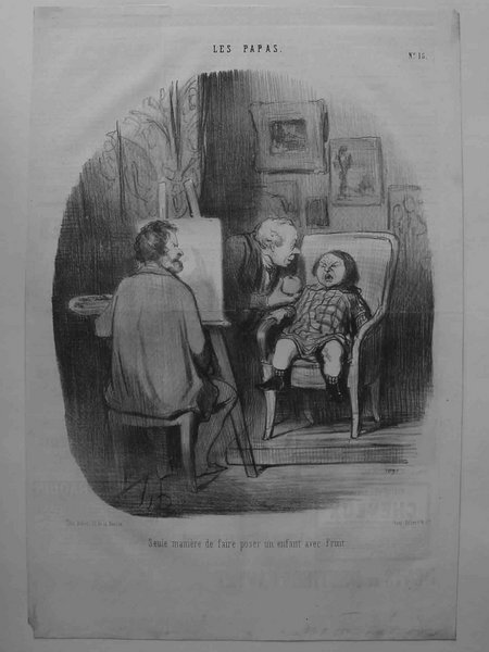 An artist in a smock, working on a portrait in a studio, uses a palette while painting a child who sits in a chair, dressed in patterned clothing. The room features other paintings, easels, and a portrait sitter. The setting and attire suggest the July Monarchy period.