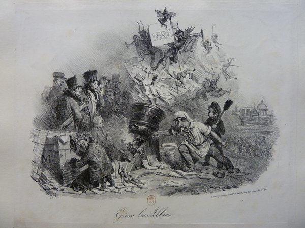 Lithographic print showing a chaotic scene with various figures including children, a devil, and adults wearing bourgeois outfits like top hats and holding umbrellas. There are allegorical elements like demons and bottles (alcohol) depicted, and the setting is outdoors with visible papers labeled "Album." Some figures are engaged in eating & drinking behaviors.