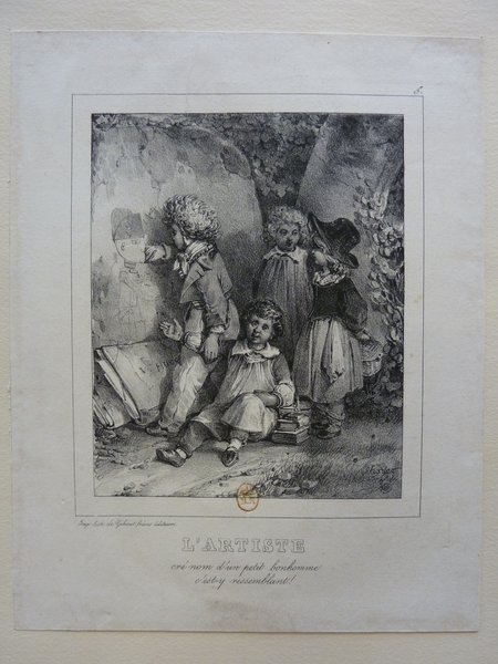 A vintage etching of children outdoors during the July Monarchy, featuring a mix of books, folio, and early graffiti. A young woman in period attire interacts subtly in the scene.
