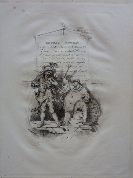 Black and white illustration showing two characters in Commedia dell'Arte style costumes, one holding a violin, near a storefront banner that reads "ENTREZ ENTREZ" advertising albums, presumably for sale or display. These figures and their rustic street setting evoke the art market and allegorical themes.