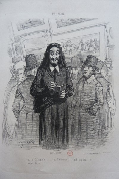 Artwork depicting an exhibition with audience members including men with top hats and long hair. The central figure, a man with long facial hair, is holding a book. Background shows several paintings hung on a wall.
