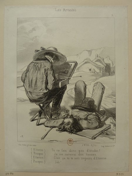 An artist in a smock and hat using a mahlstick while painting a rural landscape on a canvas, laid out in front of them; various items including canes and a folio surround the artist. Besides the artist, there is another man laying down. The scene also features stylized mountainous backdrops with houses. This image is from the July Monarchy period.