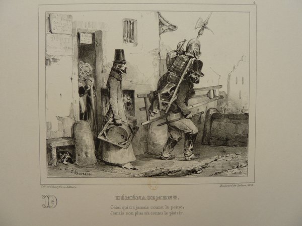 Black and white illustration depicting a street scene with figures including a man carrying a suit of armor and  easels, another man carrying a painting, a woman wearing a Bohemian outfit with a top hat looking at paintings, and a dog in the foreground. The environment suggests a theme related to painters and artwork, as part of a historical or artistic depiction.
