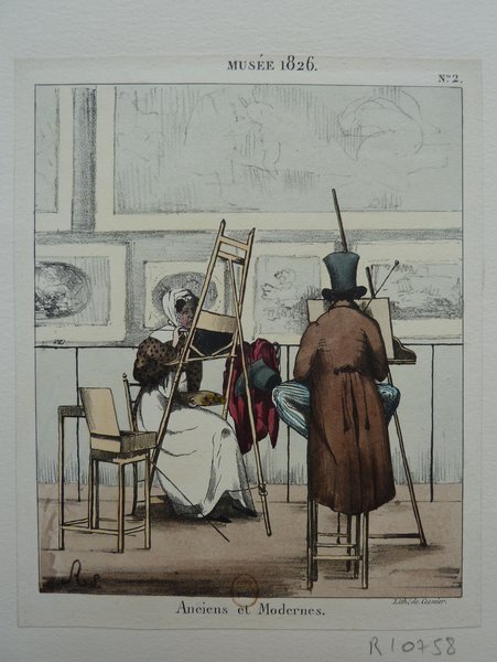 An illustration depicting two figures in a museum, each working on paintings. One, wearing a top hat, stands at an easel, using a palette and mahlstick. The other, a woman, also uses a palette and mahlstick, her easel set beside an empty chair. Multiple pictures adorn the museum walls.