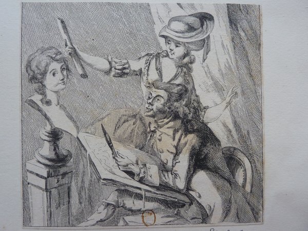 An etching depicting a scene with three individuals in an indoor setting, likely from the Ancien Régime era. Two characters, adorned in wigs and outfits à la française, appear focused on a painting activity of a head bust of a woman with a hat. The backdrop includes statues, emphasizing a pedagogical atmosphere.