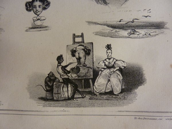 A satirical artwork featuring an artist's studio setting during the July Monarchy period, depicting a painter's palette, easel, and brushes. In the scene, monkeys symbolizing painters work on a portrait of a devil, while a woman sits as the portrait sitter. This allegorical image includes elements like obscenity in painting and artist models.