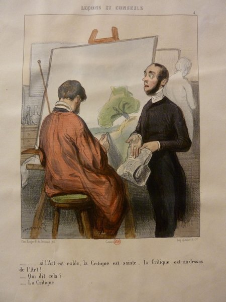 An artist in a smock using a mahlstick paints on a canvas in a studio, closely observed by a man with facial hair holding a newspaper. Easels and additional paintings are discernible in the background, indicative of a setting during the July Monarchy.