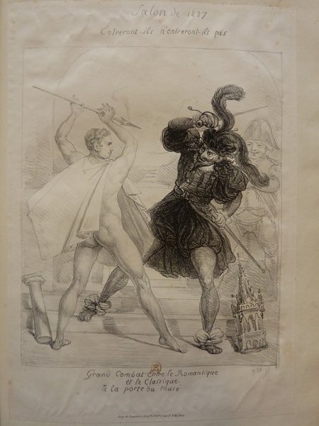 This is an illustration displaying two figures in a heated duel, one dressed in classic Greco-Roman attire and the other in romantic, antique costume featuring a bicorn hat. Elements like swords are prominent in the scene. The artwork suggests a theme involving a quarrel between classical and romantic ideals. The image might be housed in a museum, given its historical and artistic context.