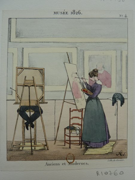 A woman painter stands in front of an easel in a museum, working on a portrait. She holds a palette and a mahlstick. Another painting is visible on an easel nearby.