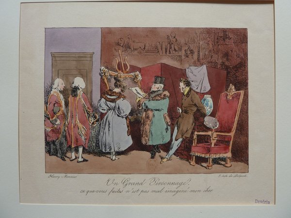 Artists and critics in a room with variously dressed figures including wigs and hats, like bicornes and habits à la française. They stand near paintings and art supplies such as palettes and a mahlstick, engaging in judging artworks during the July Monarchy era.
