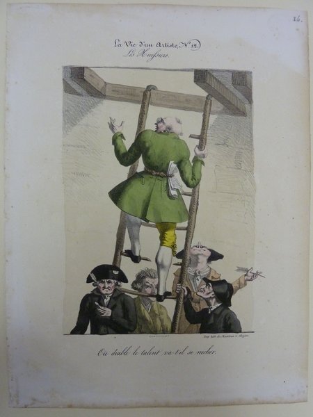 A historical artwork depicting a scene on a street where a person in a green habit à la française and a white wig is ascending a ladder, surrounded by art critics in bicornes and black outfits. The critics seem to be observing or discussing eagerly.