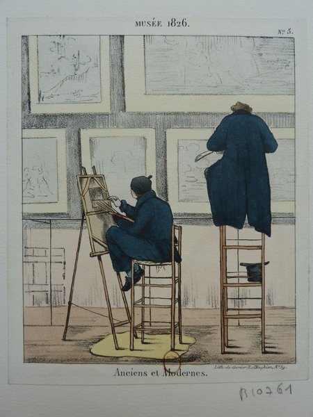Two individuals working on paintings at easels in a museum, with one wearing a top hat and using a palette. Surrounding are framed artworks displayed on the wall.