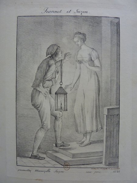 A black and white illustration depicting an artist with a lantern conversing with a woman on a street, both in period dress. The scene captures a moment of interaction under lamplight, possibly suggesting a narrative of restoration or occurrence on the street.
